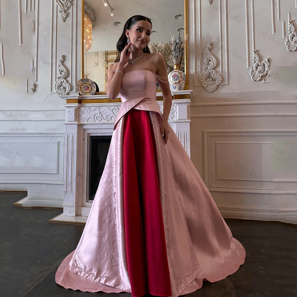 

Beaded Evening Dresses Strapless Contrast Color Off Shoulder A-Line Prom Gowns Dubai فستان شارون سعيد سهره