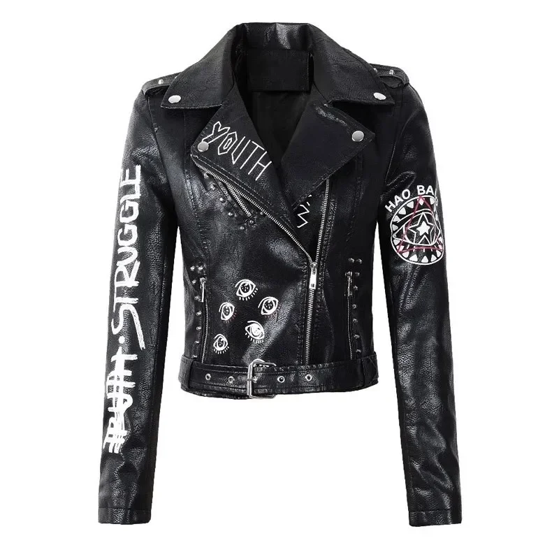 

Punk Letaher Jacket Women High Streetwear PU Rivet Bombe Jacket Women 3D Printed Hip Poo Gothic Moto Biker Coat Outwear