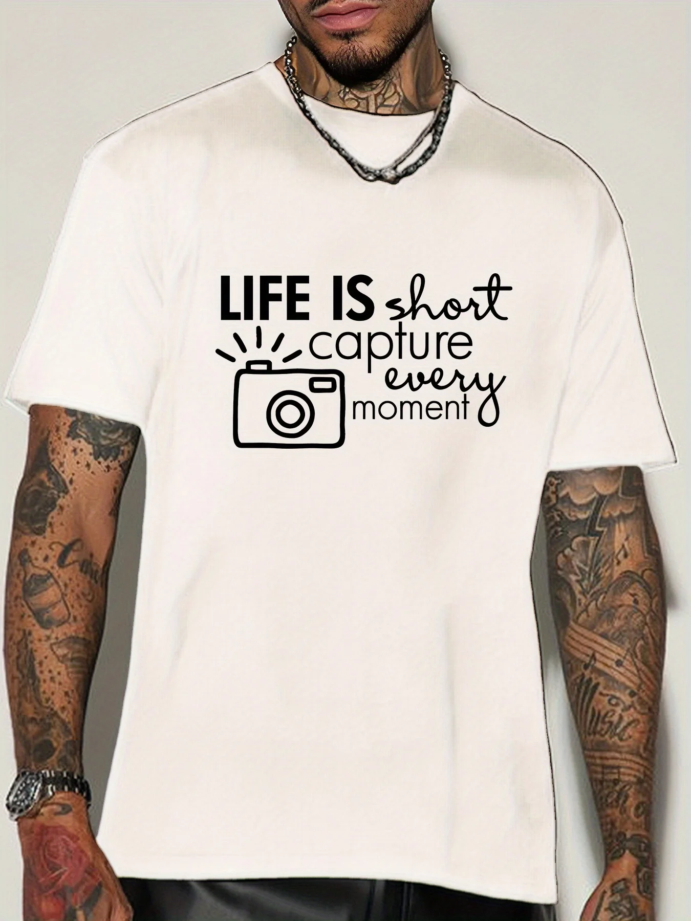 Photographer Quote Mens Crew Neck Cotton T Shirt Life Is Short Capture Every Moment Camera Print Short Sleeve Casual Street Top