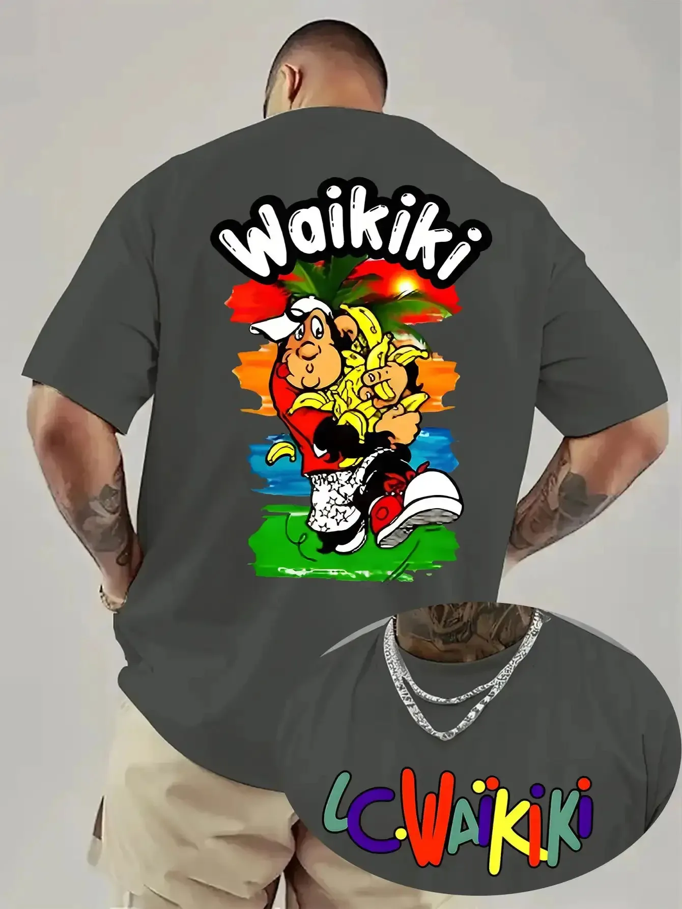 Men's Cotton T-shirt Waikiki Men's Hawaiian Surf Graphic T-Shirts Banana Gorilla & Palm Tree Print with Surfing Dog & Hawaiian