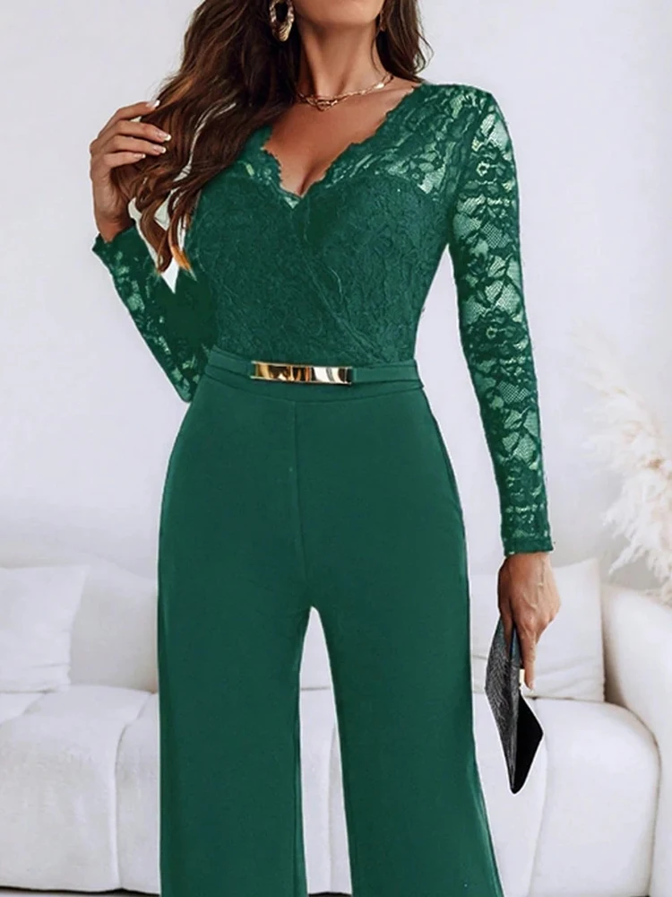 

Lace Embroidery Patchwork Long Sleeved Playsuit Casual Solid Color Women Party Romper Sexy V-neck High Waist Commuting Jumpsuit