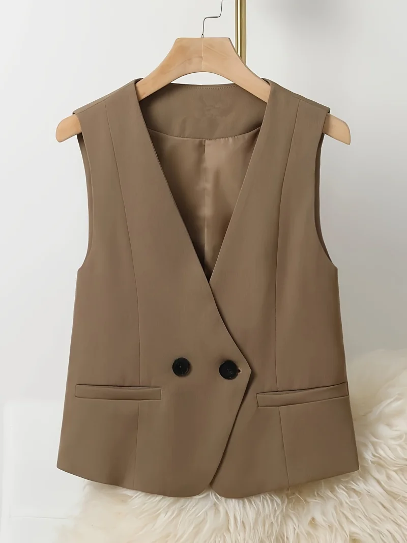 Vintage Suit Waistcoat Fashion Simple Double Breasted Elegant Women\'s Sleeveless Vest Casual Solid Color Slim-fit Small Coat