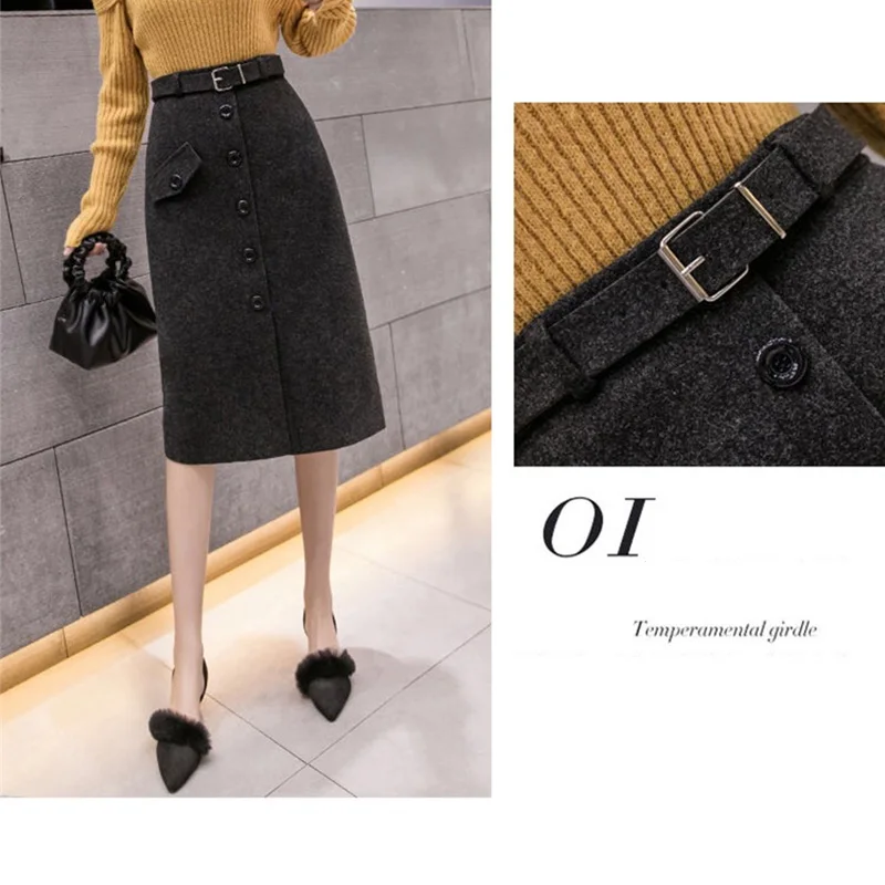 Warm Woolen Winter Skirts Women Korean Fashion Apricot Button Up Luxury Elegant Party Skirt Faldas Para Mujeres Rokjes with Belt