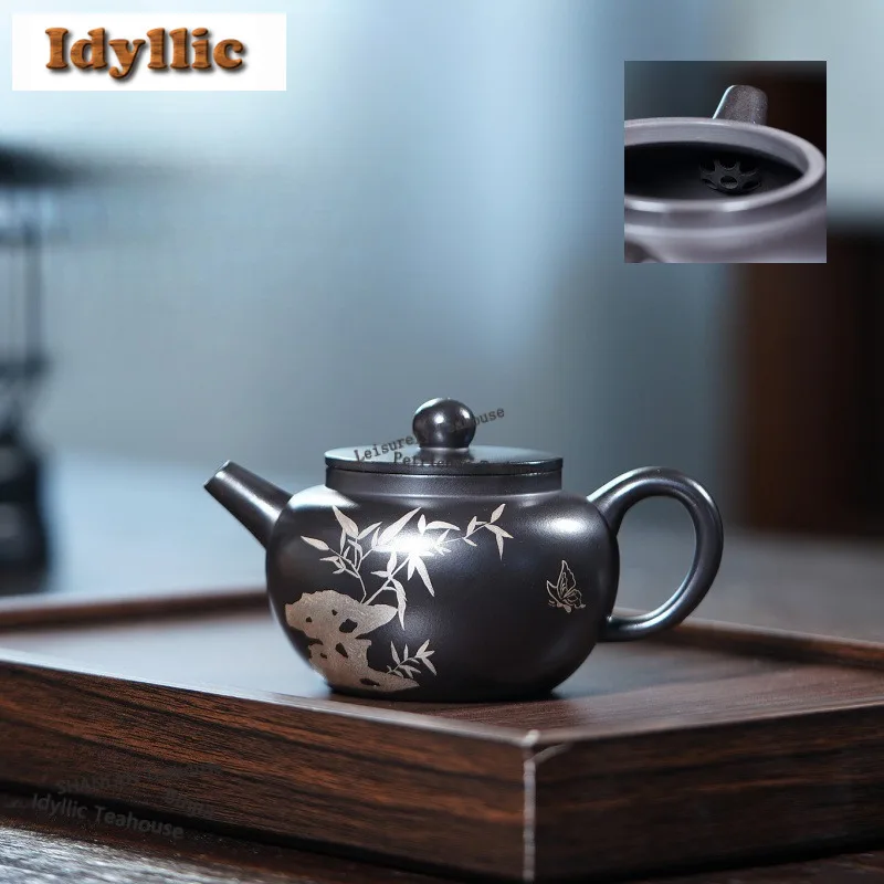 

200ml Yixing Purple Clay Teapot Handmade Gold Silver Round Pot Raw Ore Stone Yellow Mud Tea Making Kettle With Infuser Zisha Tea