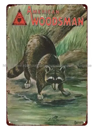 apartment decor stores 1953 American Woodsman cover art racoon metal tin sign