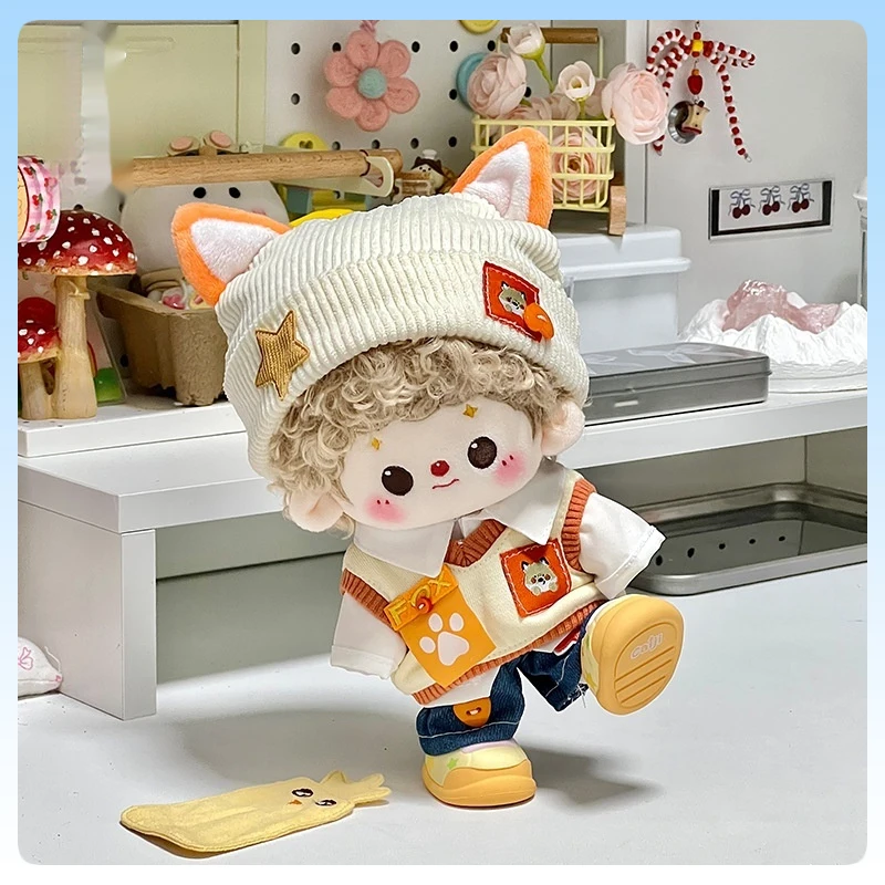 

20cm Plush Doll Clothing Set Orange Fox Style Cute Plush Doll Hat and Outfit Replacement Set Cotton Doll Clothes Accessories
