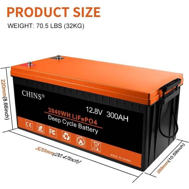 CHINS LiFePO4 Battery 12V 300AH Lithium Battery - Built-in 200A BMS with Low-Temp Protection, 2000~6000 Cycles, Perfect for RV