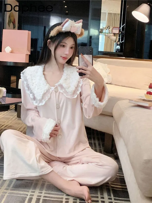 

Милая принцесса в японском стиле для девочек, пижама с кукольным воротником и длинными рукавами, теплый удобный повседневный комплект домашней одежды на открытом воздухе