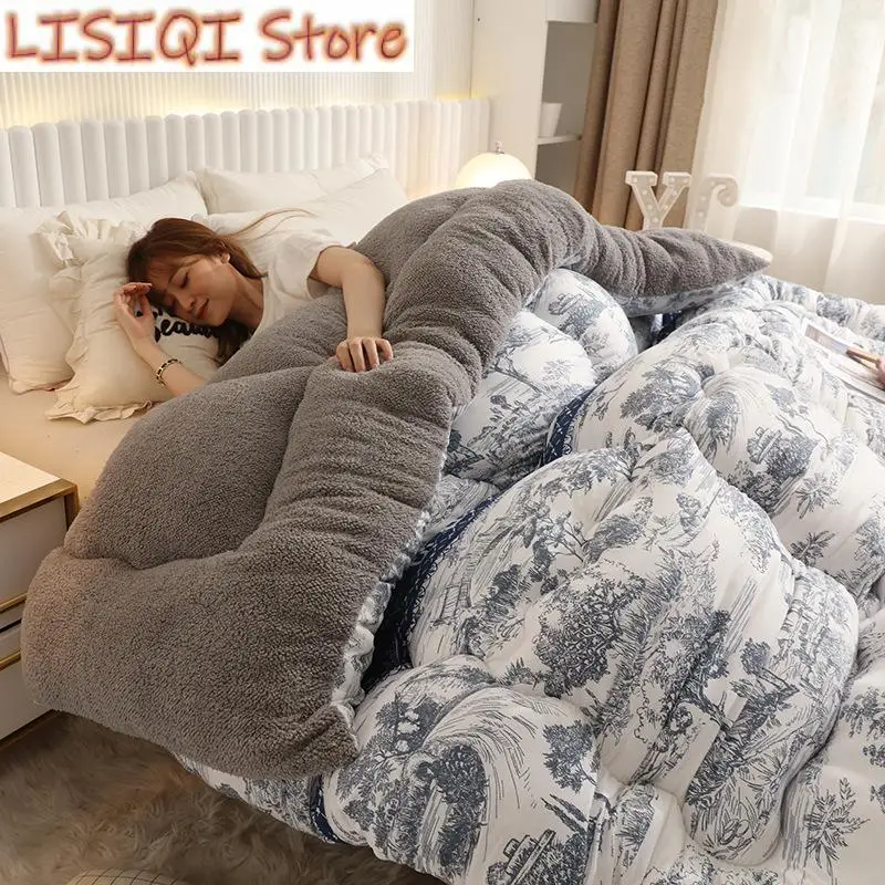 

New Thick Lamb Wool Duvet Double-sided Velvet Quilt Blanket Cashmere Quilted Warm Winter Plush Comforter Single Double