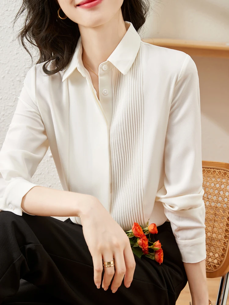 Elegant Office Lady Blouse Women Long Sleeve Lapel Formal White Shirt Blusas Mujer De Moda 2024 Korean Style Female Basic Tops