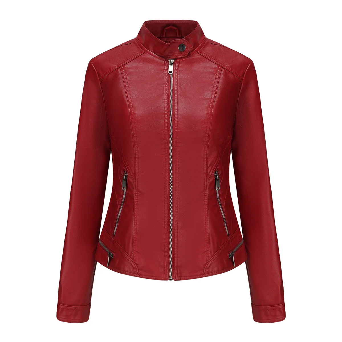 Chaqueta de cuero sintético con cuello levantado para mujer, chaqueta fina informal de manga larga para Primavera, novedad de 2024