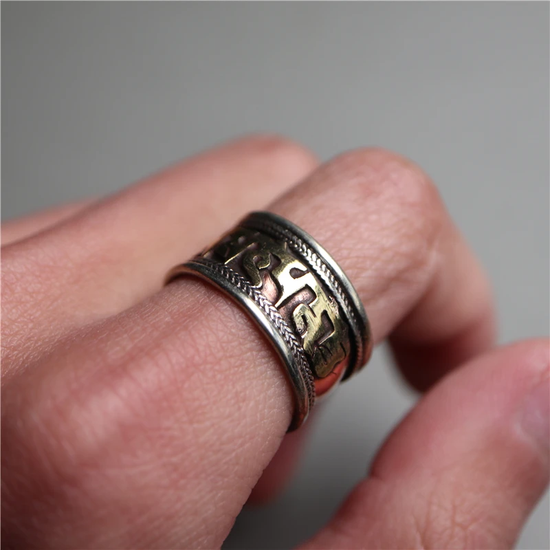 

Vintage Tibetan Red Brass Mantras Ring Om Mani Padme Hum Buddhism Nepal Ring Open Adjustable Size
