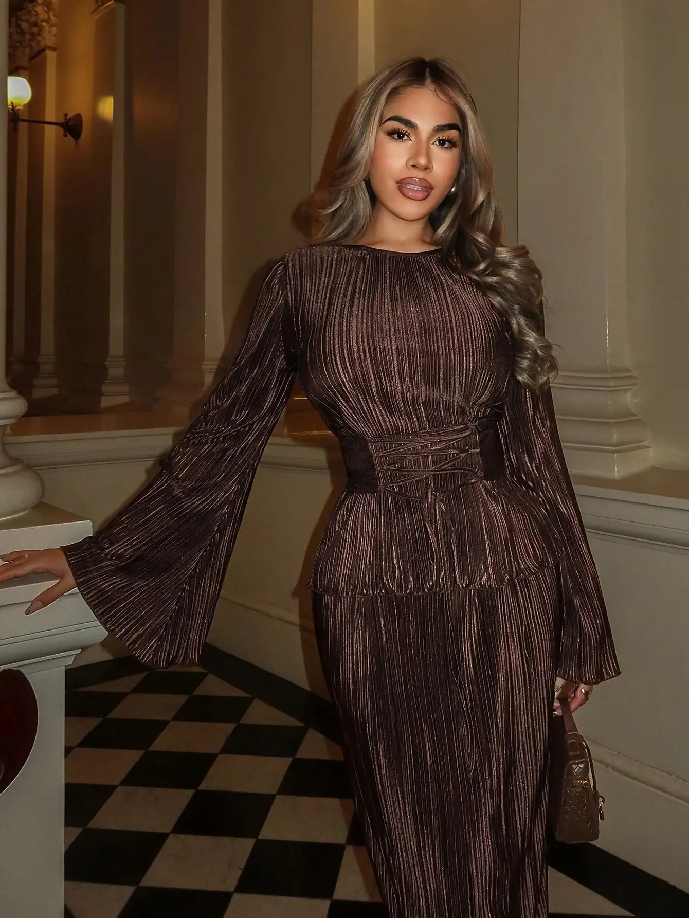 

Women Pleated Belted Two Piece Set With Flared Sleeves For Party Office Autumn Winter