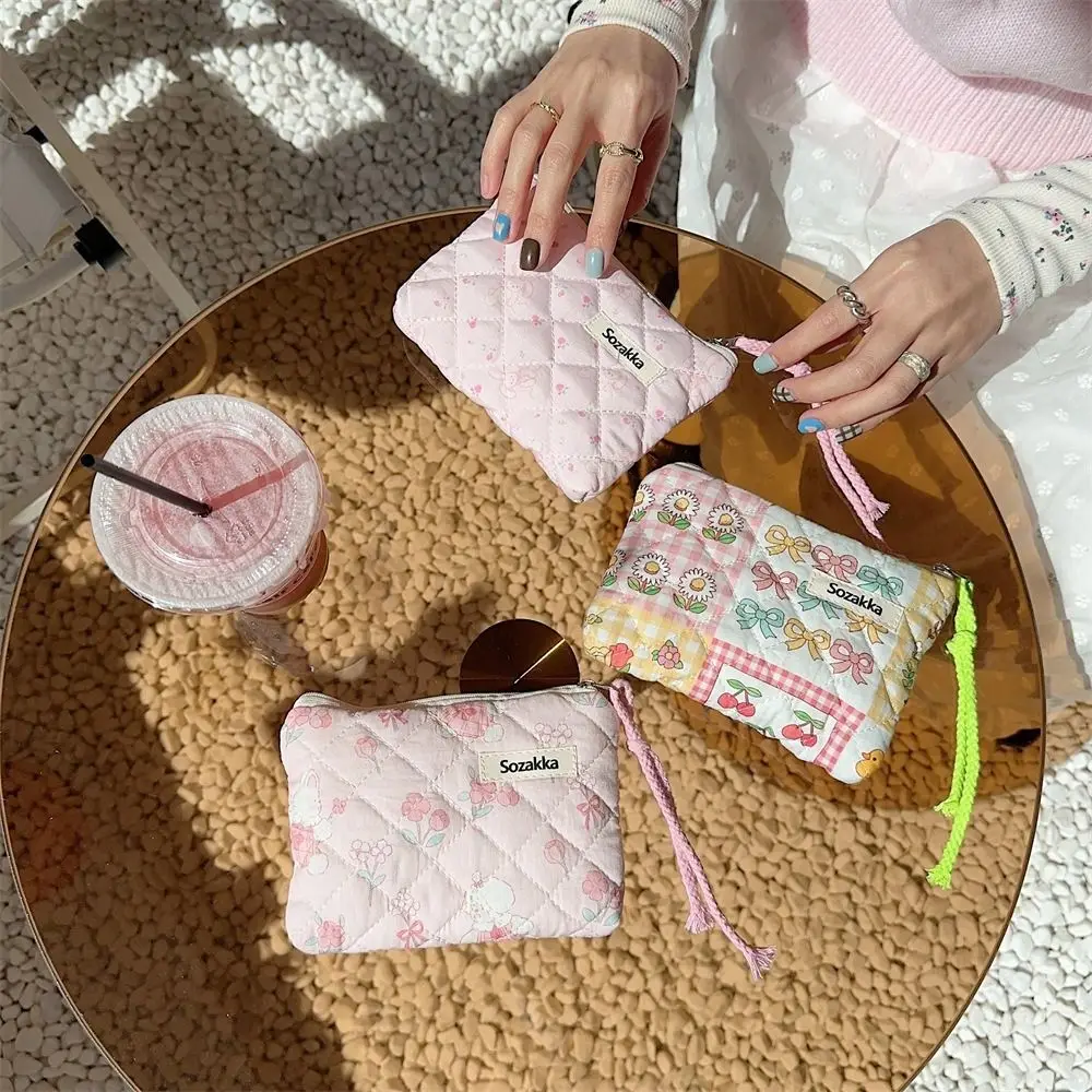 Fashion Flower Pattern Coin Purses Small Cotton Storage Bag Portable Zipper Pouch Earphone