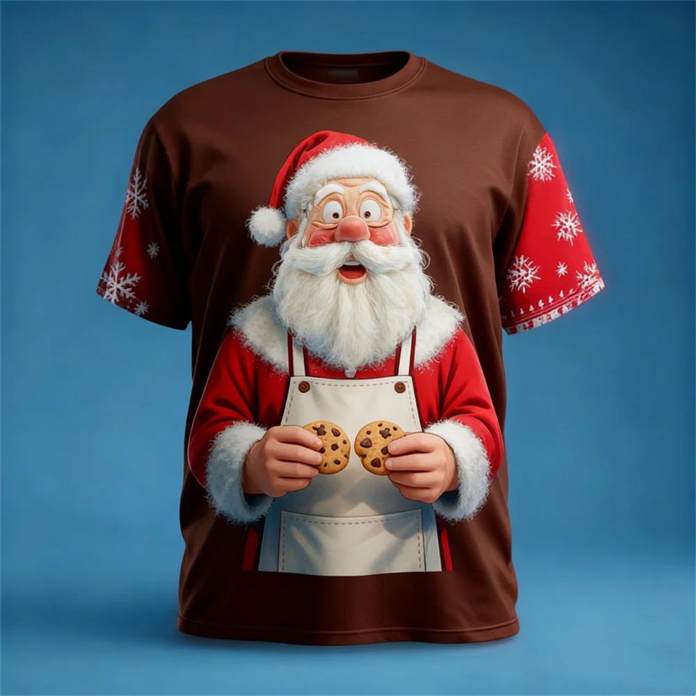 3D Cooking Santa Clause Graphic Men's T-Shirt Fashion Creative Design Short Sleeve Top Christmas Theme Casual Round Neck Clothes