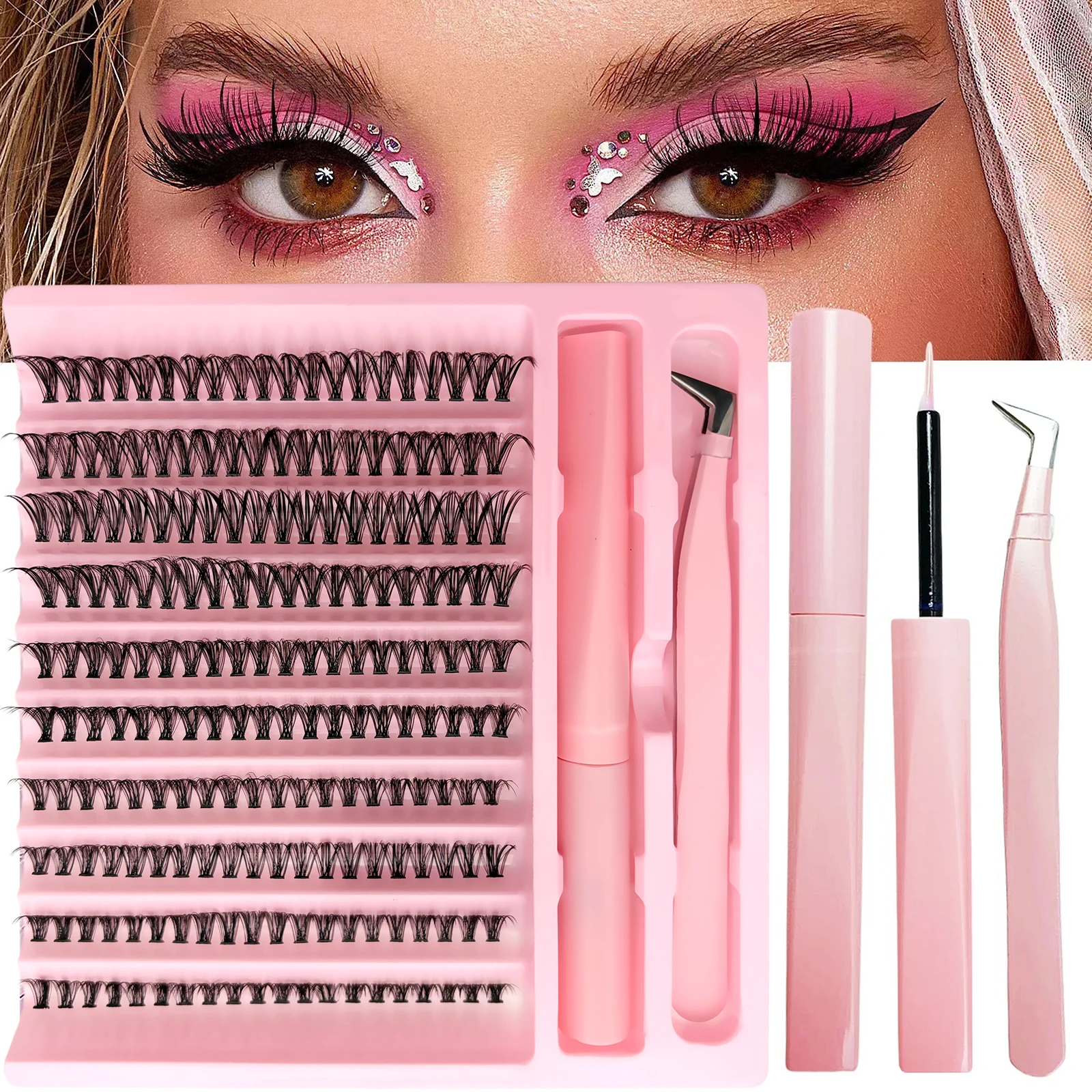 200-teiliges DIY Wimpernverlängerungs-Set D-Curl Wispy Wimpernbüschel mit Klebstoff & Pinzette Einzelne Falsche Wimpern Set für Anfänger