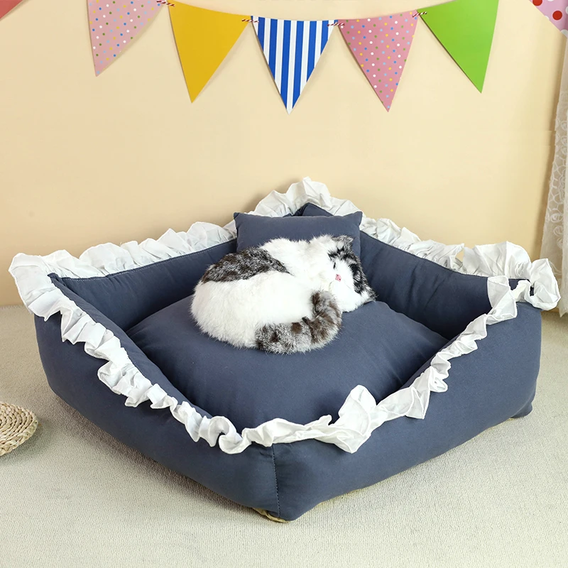 Cat Bed Small Gog Bed Cute Lace Puppy Square Sleeping Cushion Bed Cat Sofa, Warming Dog Nest with Pillow, Washable Pet Bed