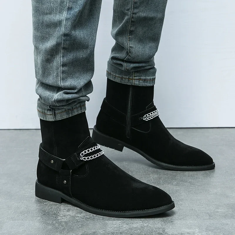 Shoes for Men's 2023 Hot Sale Zipper Men's Boots Winter Pointed Toe Solid Flock Chain Short Barrel Chunky Heels Roman Boots