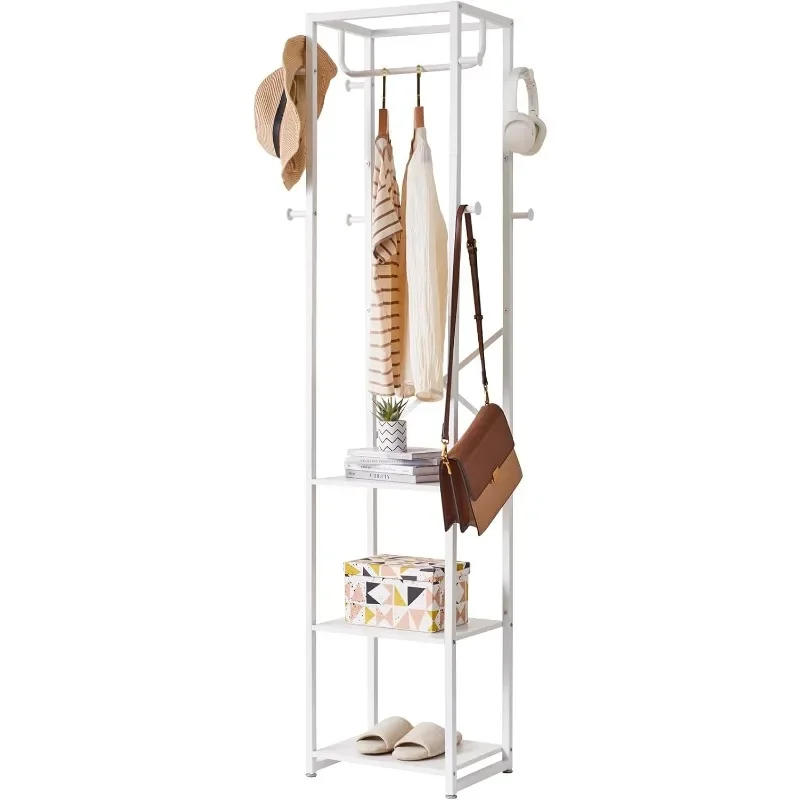 

Coat Rack with Shelves, Freestanding Hall Tree with 3 Shelves and 8 Hooks, Industrial Clothes Stand for Entryway, Hallway,