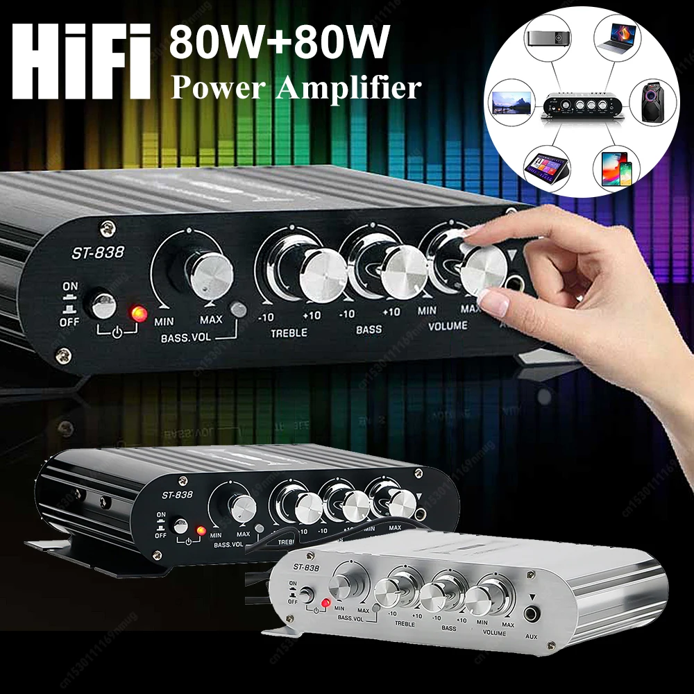 ST-838 HiFi 2.1 Channel Power Amplifier Stereo Bass Sound Amp RMS 20Wx2+40W Kelas D Mini Media Player MP3 Mobil Hitam Amplifier Rumah