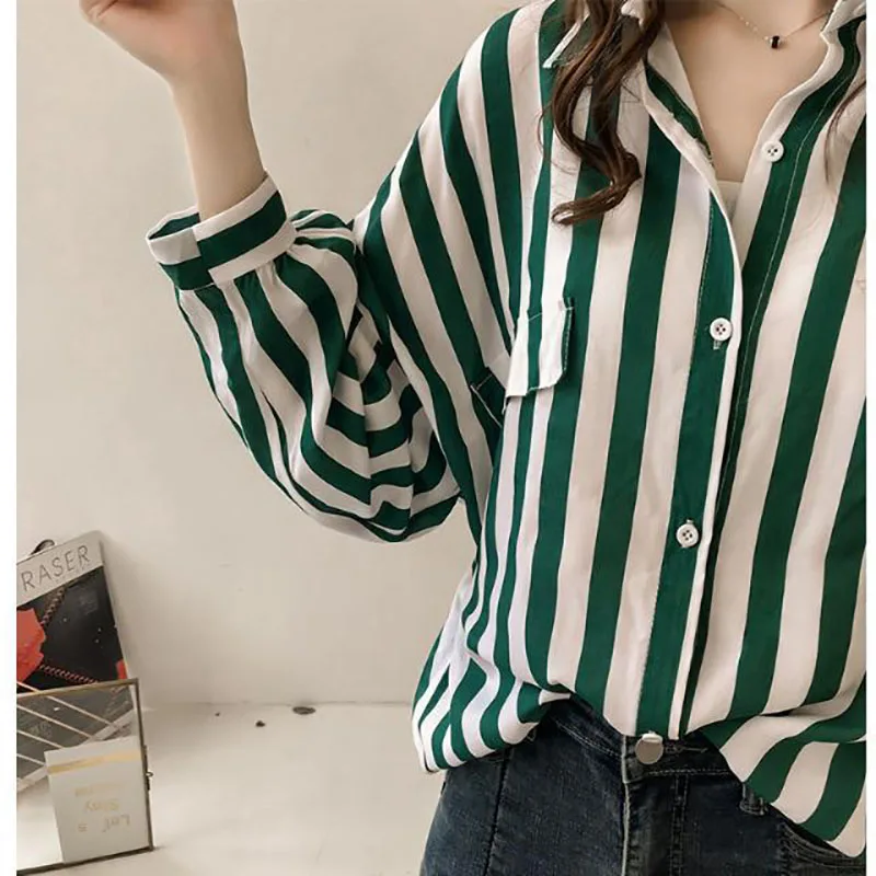 Fashion Printed Lapel Striped Shirt Women\'s Clothing 2022 Autumn New Oversized Loose Casual Tops All-match Office Lady Blouse