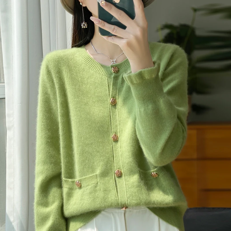 Long sleeved 100% wool knitted cardigan women's O-neck sweater comfortable, soft, thin women's cardigan sweater new product