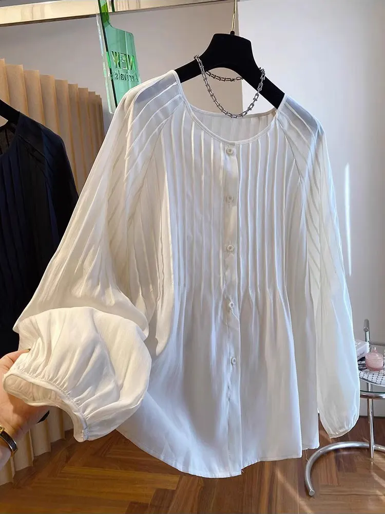 

plus Size Women's Fashion Pleated Chiffon Shirt Spring New Thin Sun Protection Open Cardigan Belly Cover Slimming Top