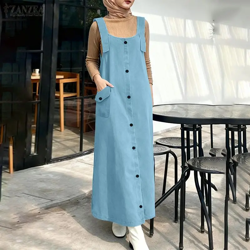 

2026 ZANZEA Women Muslim Abaya Dress Fashion Summer Sleeveless Overalls Dress Solid Robe Femme Islamic Clothing Ramadan Kaftan
