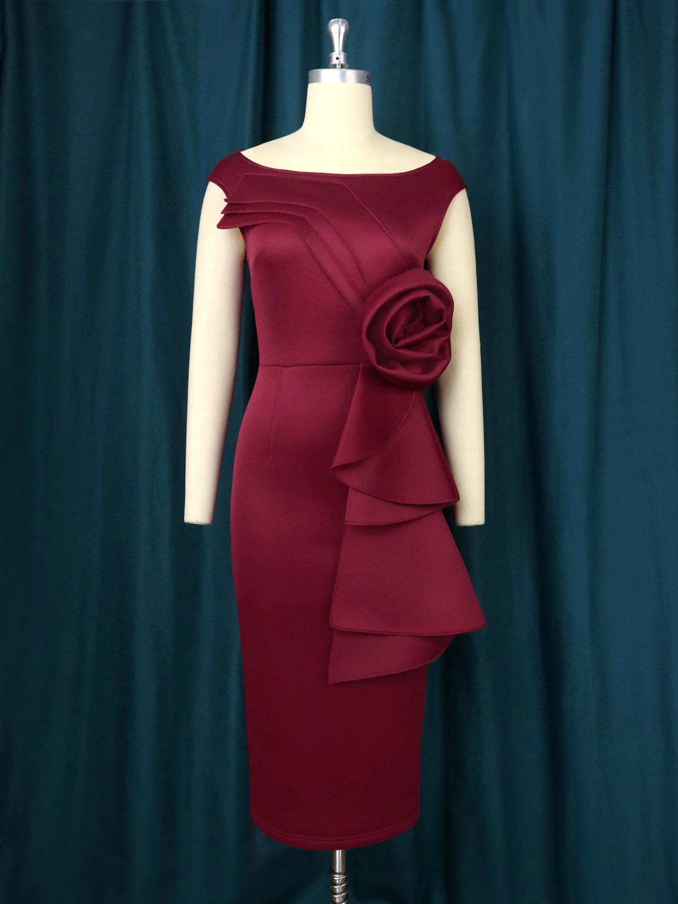 Burgundy Sleeveless Dresses for Women O Neck Bodycon Flower Ruffles Package Hip Midi Evening Cocktail Event Outfits 3XL 4XL