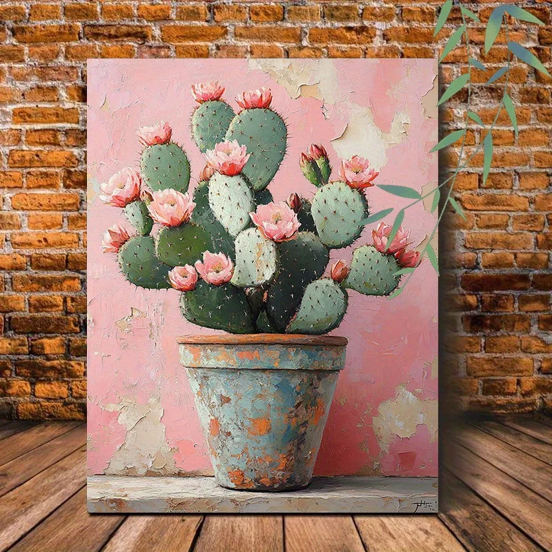 (No frame)1pc Rustic Vintage Cactus with Pink Flowers Wooden Framed Canvas Painting - Ready to Hang Green Cactus Blooming Wal