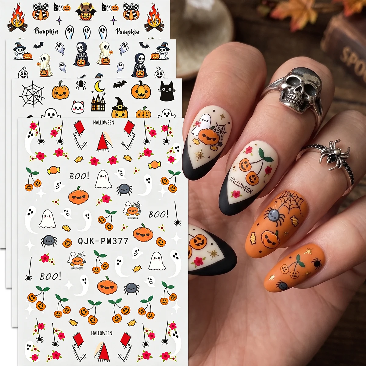 4 Stück Nageldekorationsaufkleber, Halloween-Cartoon-Motiv mit Geistern und Kürbissen, niedliche und lustige Halloween- und Totenfest-Partydekoration. – Detail 6