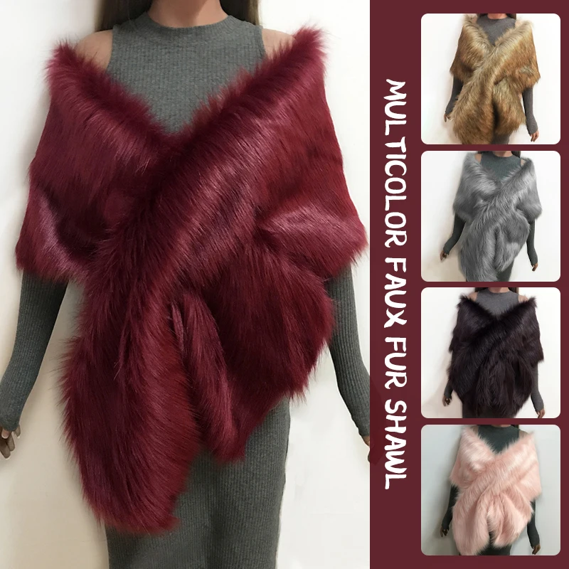 

Women Fancy Bridal Wedding Shawl Cape Elegant Winter Warm Faux Fur Long Shawl Stole Wrap Scarf For Evening Party Decor Accessory