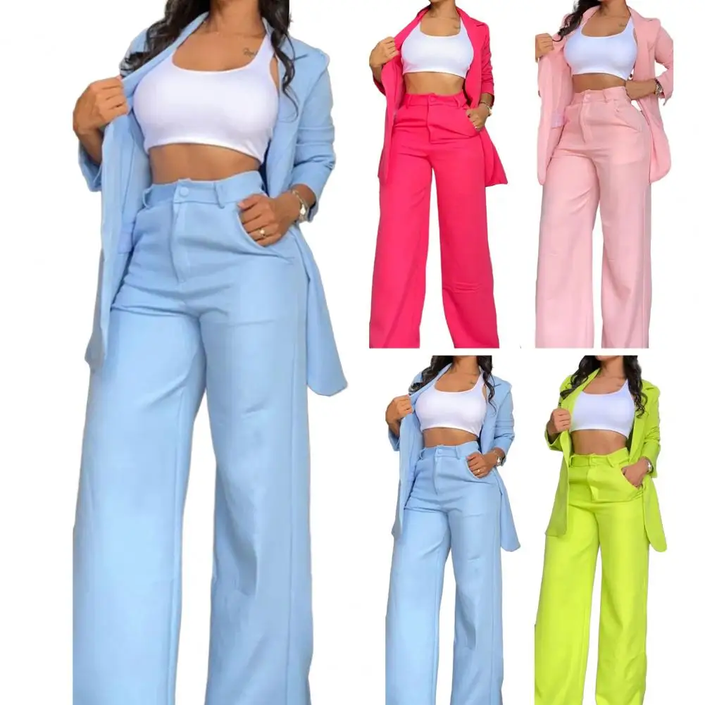 Women Pants Suit Elegant Women\'s Coat Pants Set with Single-breasted Jacket Wide Leg Pants High Waist Design for Stylish Commute