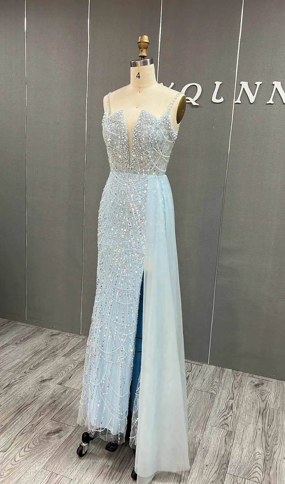 YQLNNE Luxury Sky Blue Mermaid Pearls Beaded Evening Dresses Long Slit Formal Prom Wedding Party Gown With Detachable Train