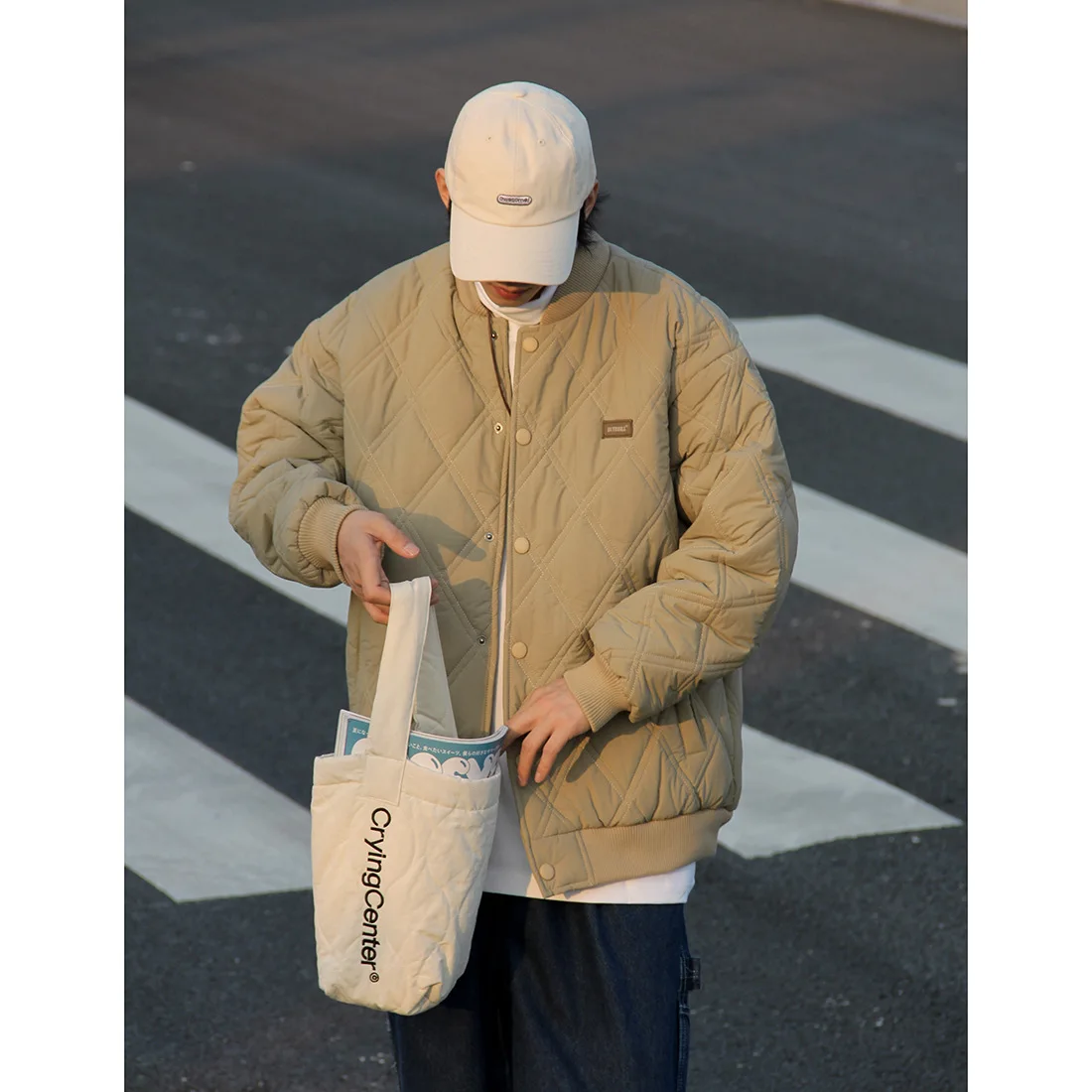 

American Sle Winter Thiened Diamond Pattern Loose Baseball Jaet Men's Retro Japanese Sle Cotton Padded Coat for Couples