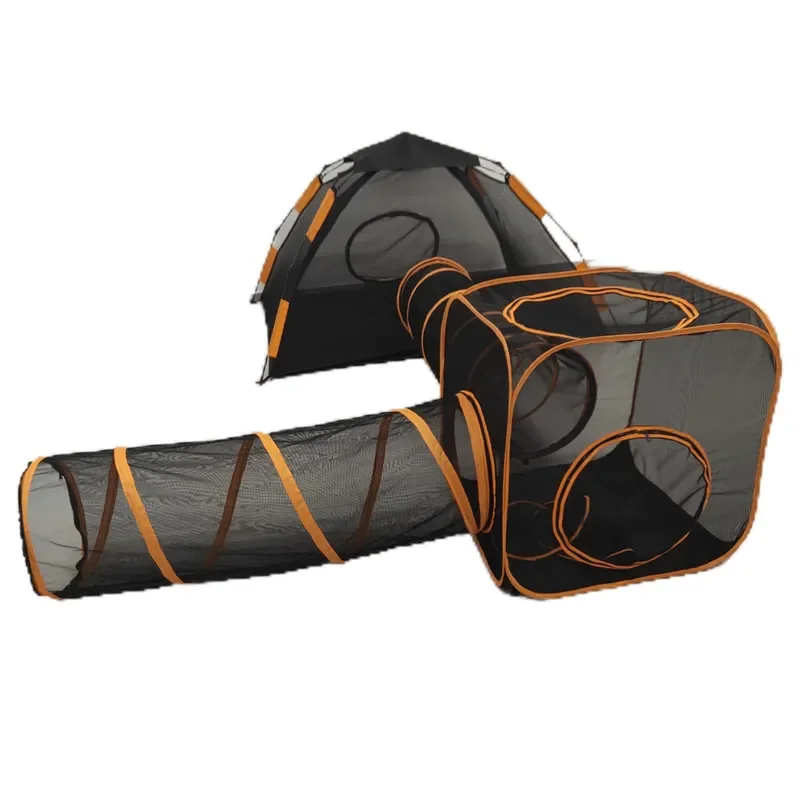 4 in 1 Combination Orange Pet Tent Big Tent&Square Cage&Tunnel Indoor Outdoor Folding Cat Dog Interactive Eco-Friendly Toys