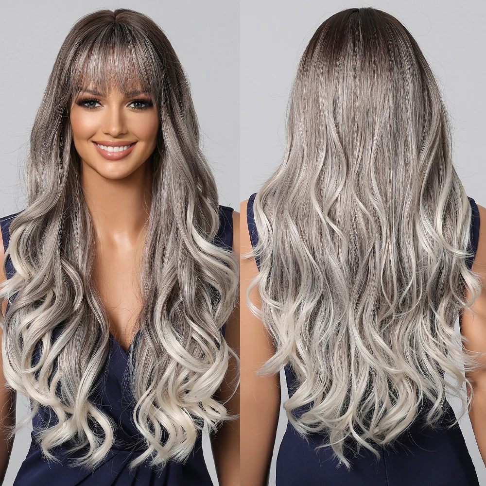 

Gray Silver Platinum Ombre Synthetic Wigs Long Body Wave Hair with Bangs Loose Wave Wigs for Women Daily Use Wigs Heat Resistant