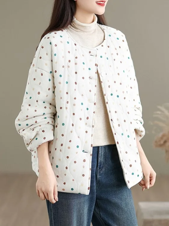 Casual Loose Cotton Jacket Women's Short Outerwear round Neck Lightweight Soft Artistic Style Polka Dot Print Autumn Winter Coat