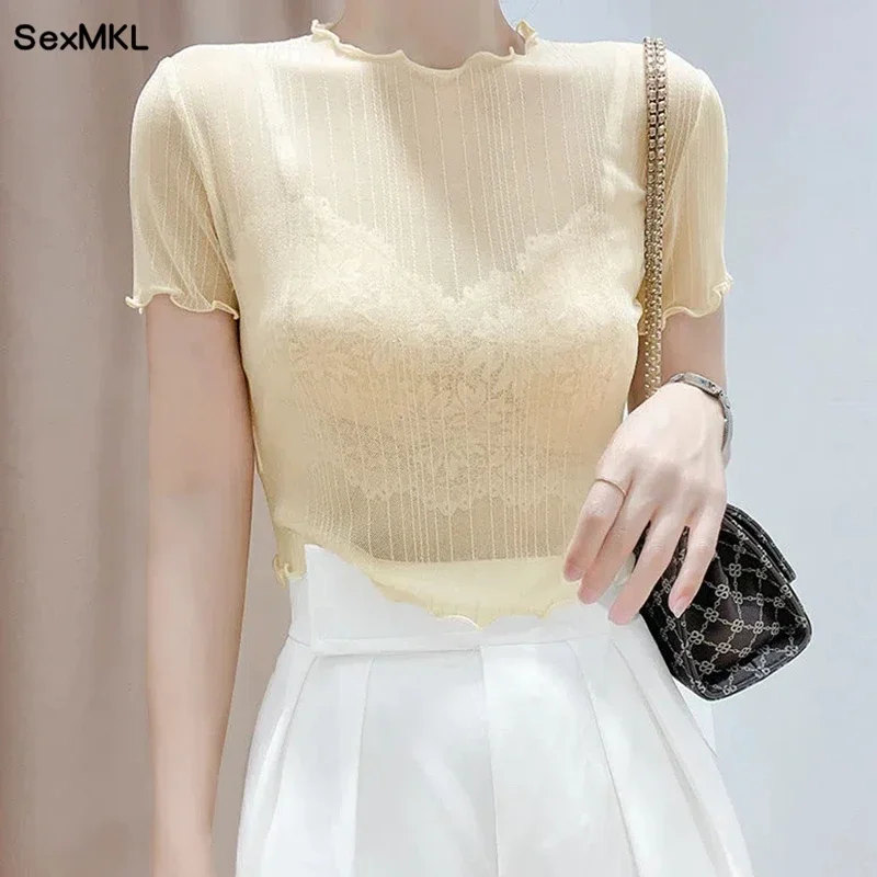 

Summer Casual White Tops Women 2024 Korean Fashion Clothing Short Sleeve Blusa Feminina Sexy See Through Crop Top Black Blouses