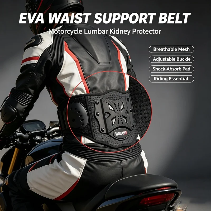 WOSAWE Adjustable Motorcycle Waist Support Belt Unisex Breathable EVA Lumbar Kidney Protective Belt Shock‑Absorb Motocross Items