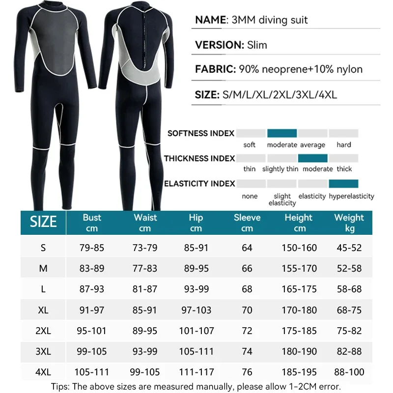 Men's Women's Diving Suit 3mm Neoprene Warm Cold Proof Wetsuit Snorkeling Swimming Sunscreen One-piece Surfing Suit Back Zipper