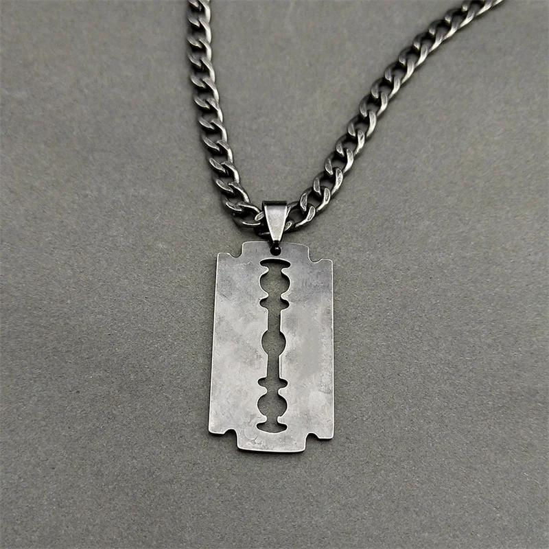 Punk Rock Blade Razor Shape Pendant for Women Men Stainless Steel Black Color Cool Boy Male Chain Necklace Jewelry N913S06