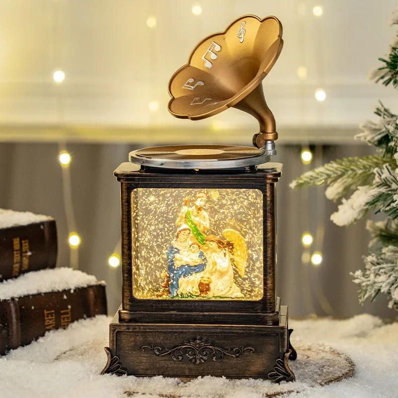 retro phonograp music box falling snow snowflake crystal ball Chr  Christmas decoration Christmas wind lights retro phonograph