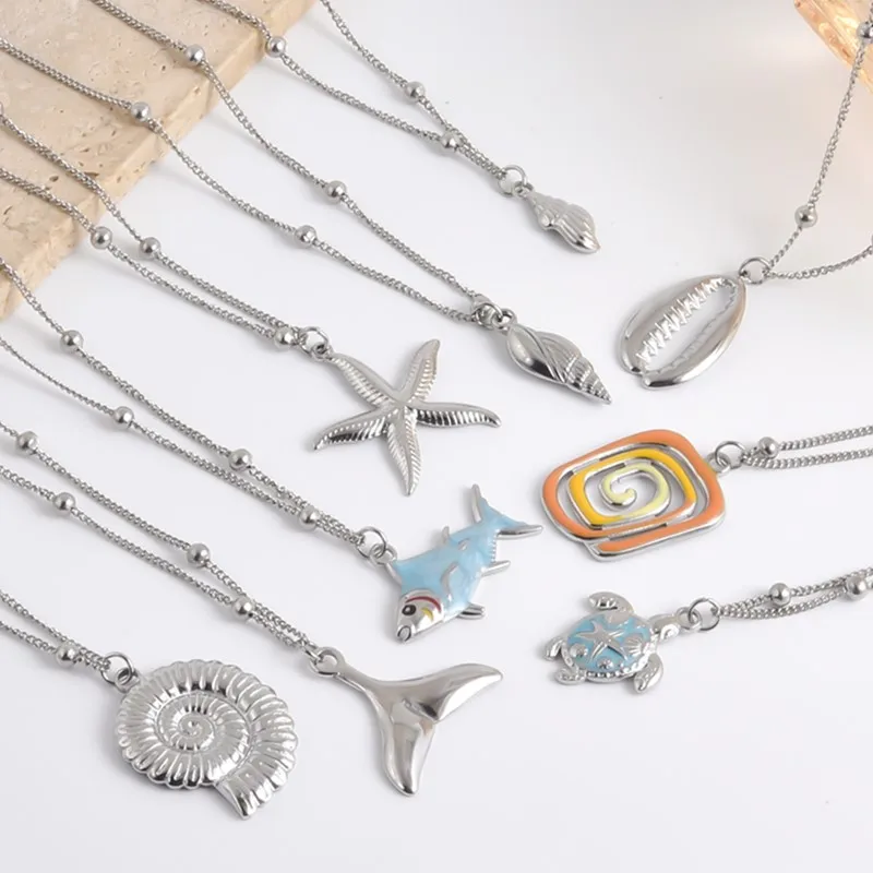 Strand-Meerestier-Halskette, Perlen-Choker aus Edelstahl, Schildkröte, Seestern, blau, öltropfend, Fisch-Halskette für Damen und Herren, Schmuckgeschenk – Detail 1