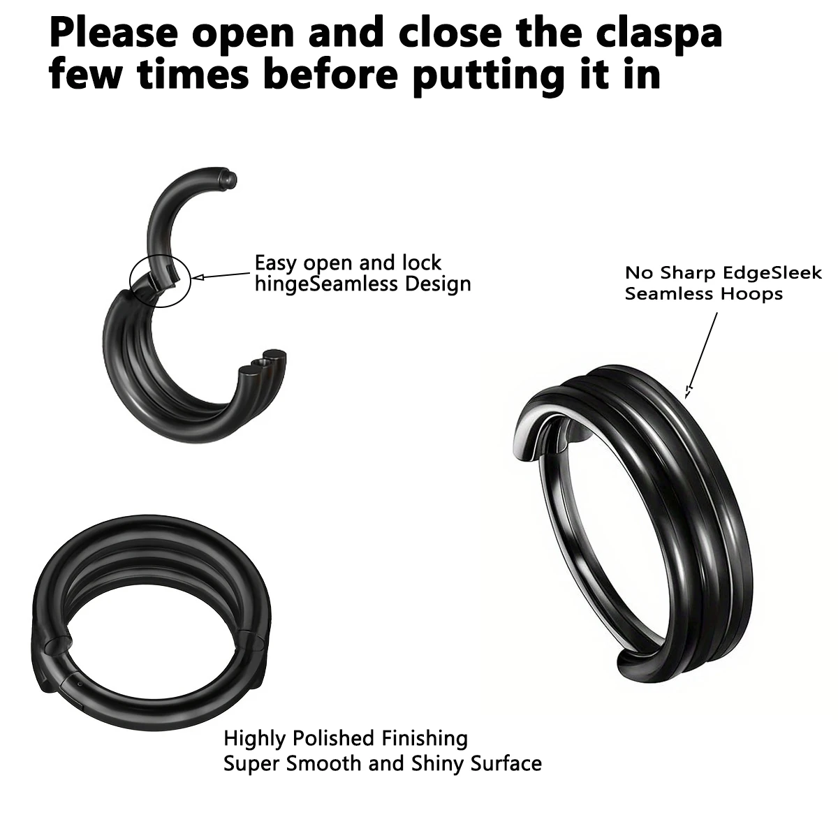 Triple Hoops Nose Ring Hoop Hinged Septum Tragus Rook Hoop Rings Conch Daith Helix Lip Labret Ring Clicker Cartilage Earrings
