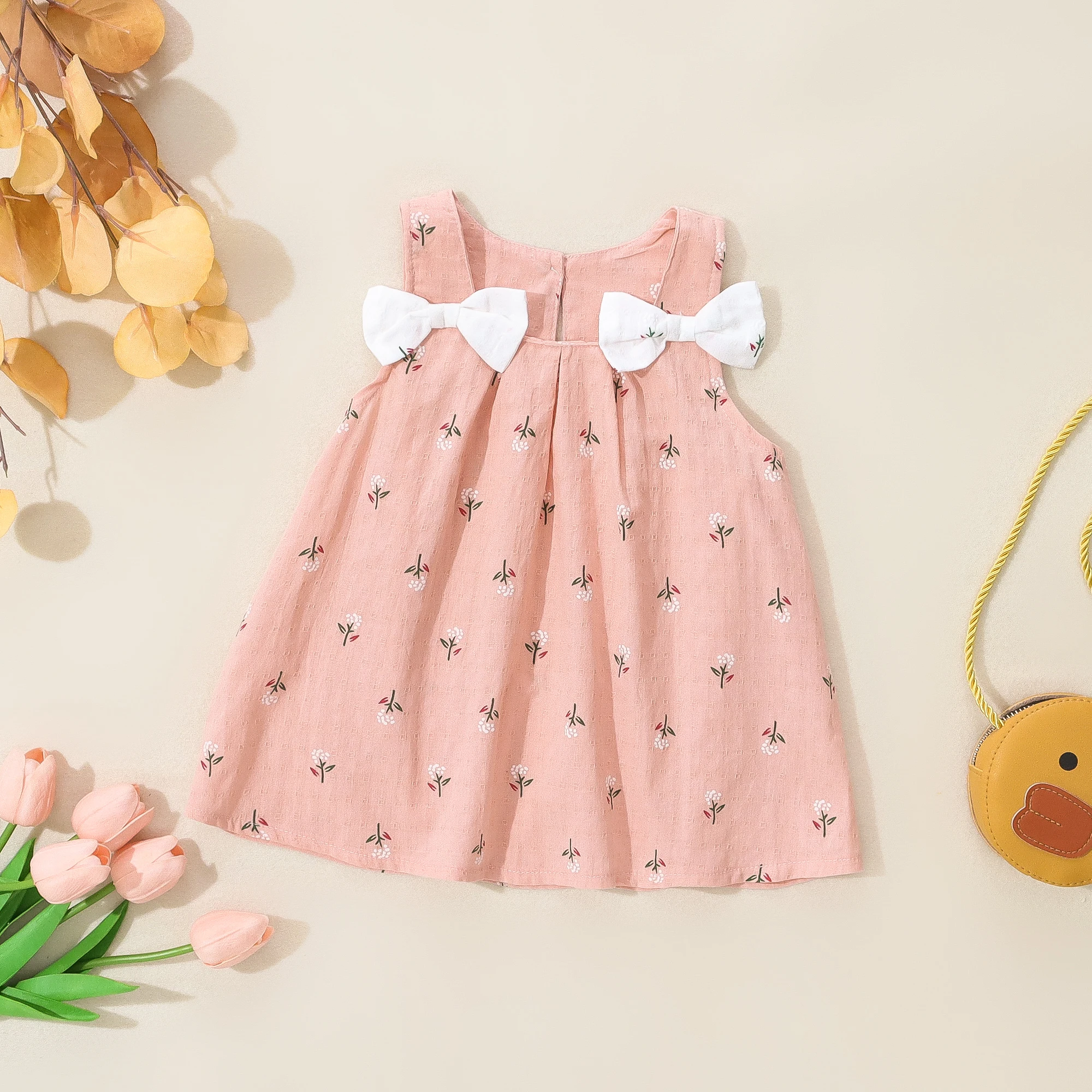 Summer New Korean Children\'s Clothing Summer Cute Solid Color Double Shoulder Bow Flower Printed Sleeveless Tank Top Skirt