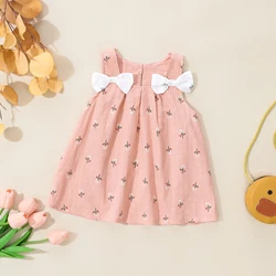 Summer New Korean Children's Clothing Summer Cute Solid Color Double Shoulder Bow Flower Printed Sleeveless Tank Top Skirt