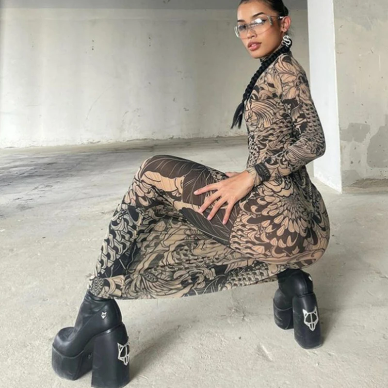 Downtown Gotico Y2K Abito Sheer Web Contorno Aderente Harajuku Stampa Dolcevita Abito Sensuale Avant Garde Party Abiti