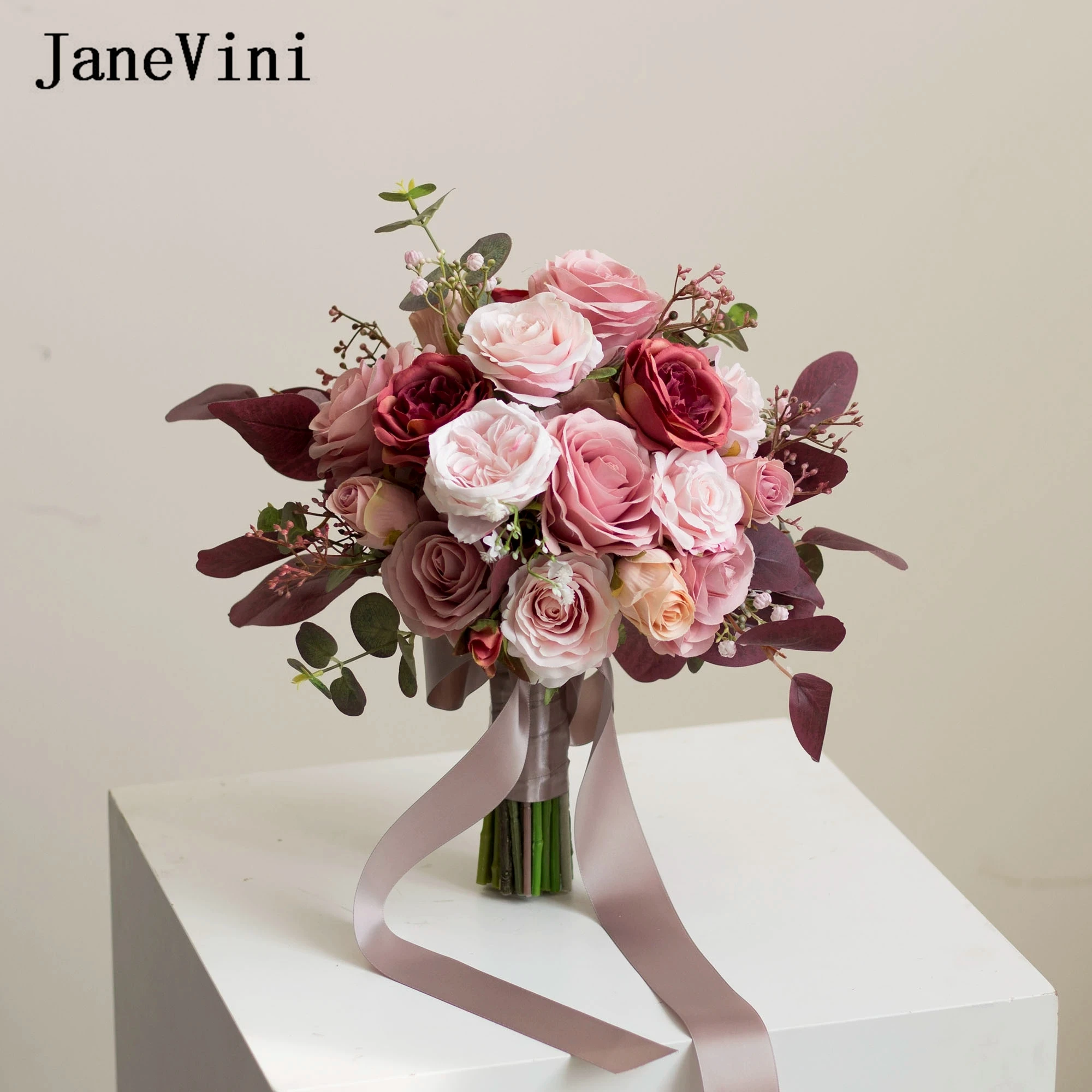 

JaneVini Newest Design Autumn Artificial Bridal Flowers Wedding Bouquet for Bride Vintage Retro Fake Roses Wedding Accessories