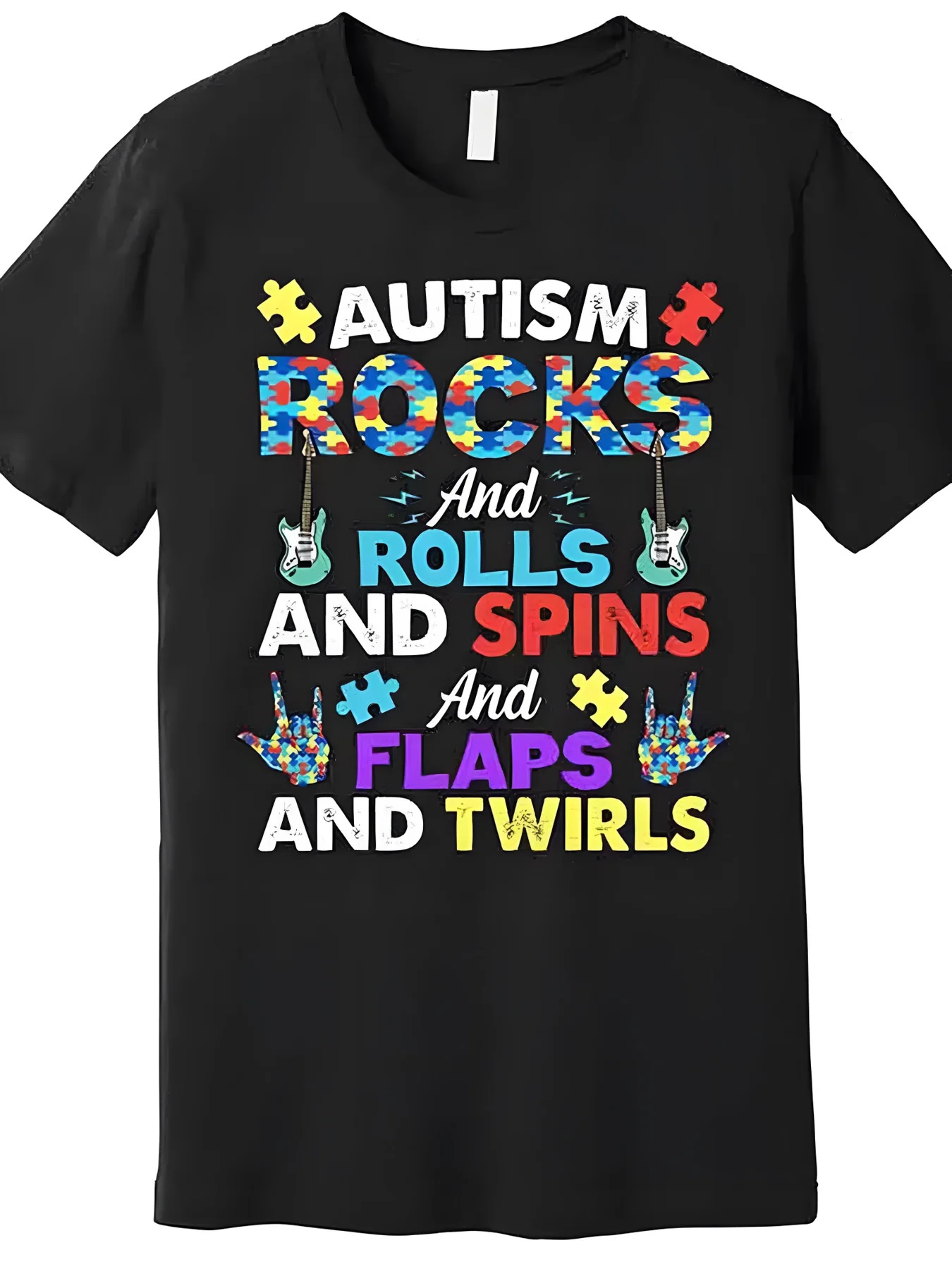 Men's Autism Awareness Graphic T-Shirt -Black Casual Tee with Wings,Pieces & Rock 'n' Roll Design,Breathable Short Sleeve Shirt